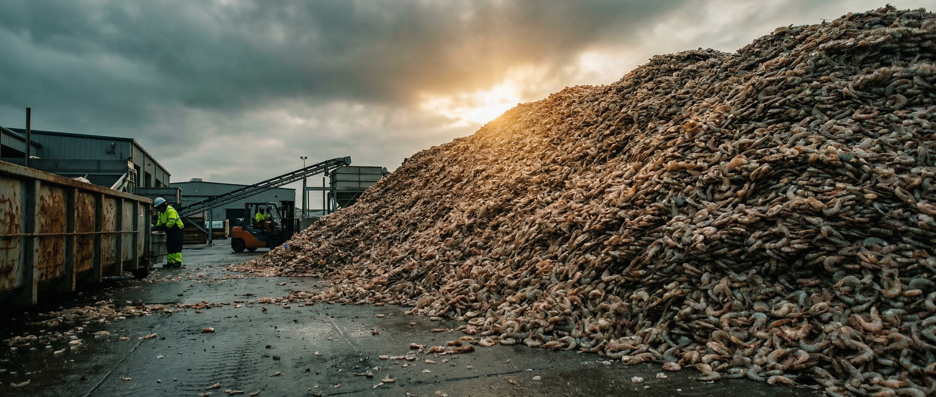 Shrimp shell waste at an industrial processing facility
